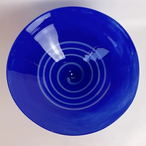 Hand Blown Cobalt Blue Swirled Glass Footed Bowl Dish Decor Art