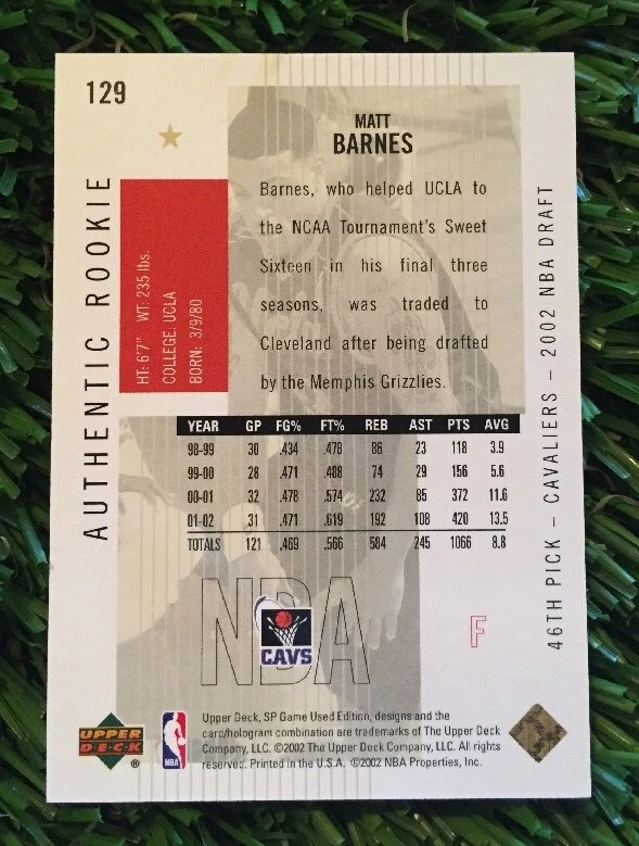 2002-03 SP Game Used Authentic Rookie Gold #129 Matt Barnes #ED 50/50 eBay 1/1 - Image 3 of 3