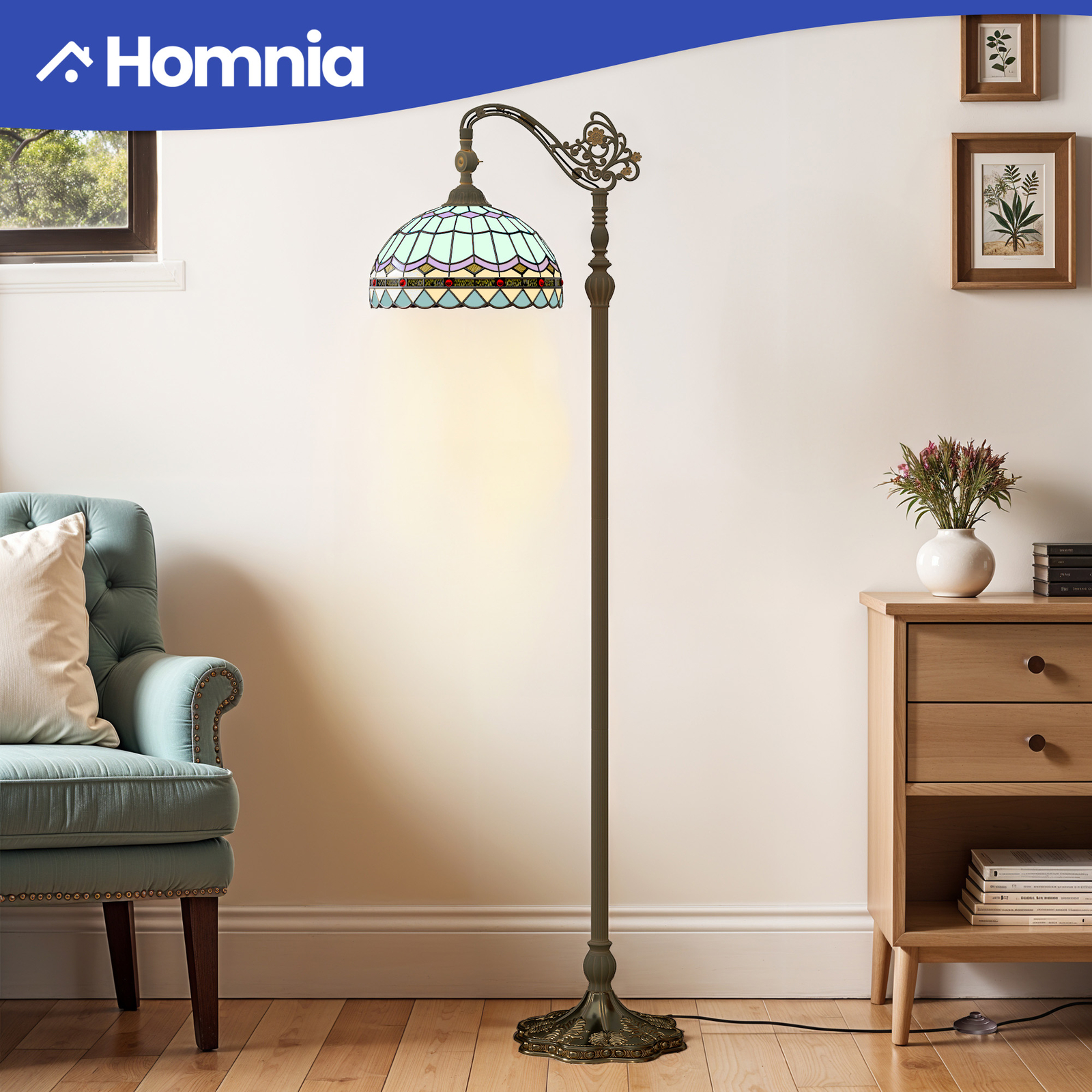 Tiffany Blue Stained Glass Floor Lamp with Adjustable Metal Joint