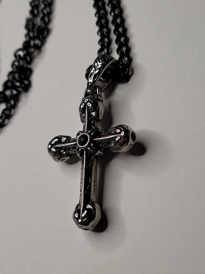 Collar de cadena negra de 22 pulgadas de ágata sintética cruz envejecida de acero inoxidable joyería Foto 2 de 4