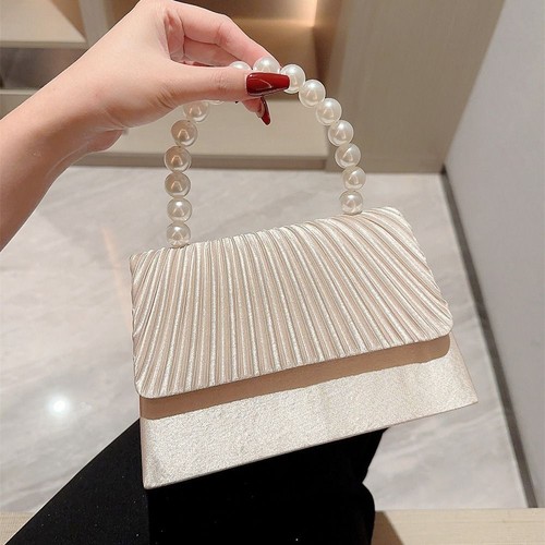 Gold Bright Silk Evening Bag Pearl Chain Handbags Fashion Purse Wedding Party - Picture 4 of 15