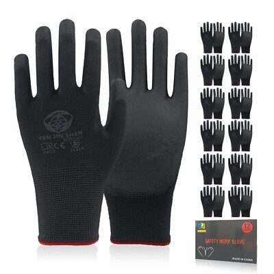 FEN JIN SHEN Work Gloves PU Coated, 12 Pairs Seamless Knit Glove, Safety Work Gl