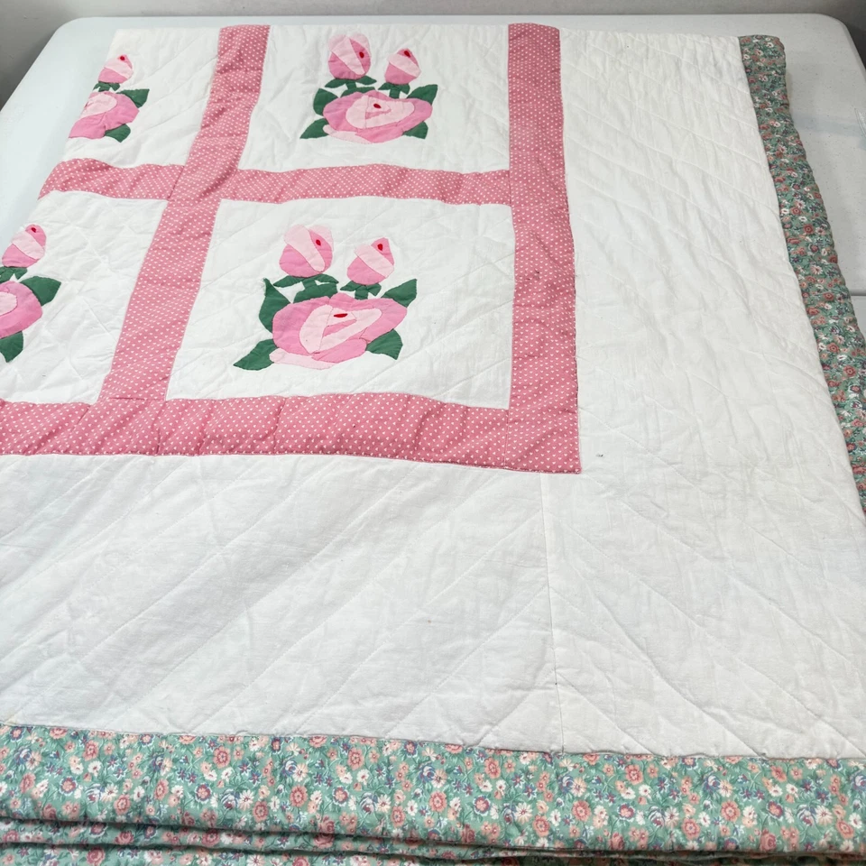 handmade quilt full pink roses floral cotton rustic primitive - Image 2 of 4