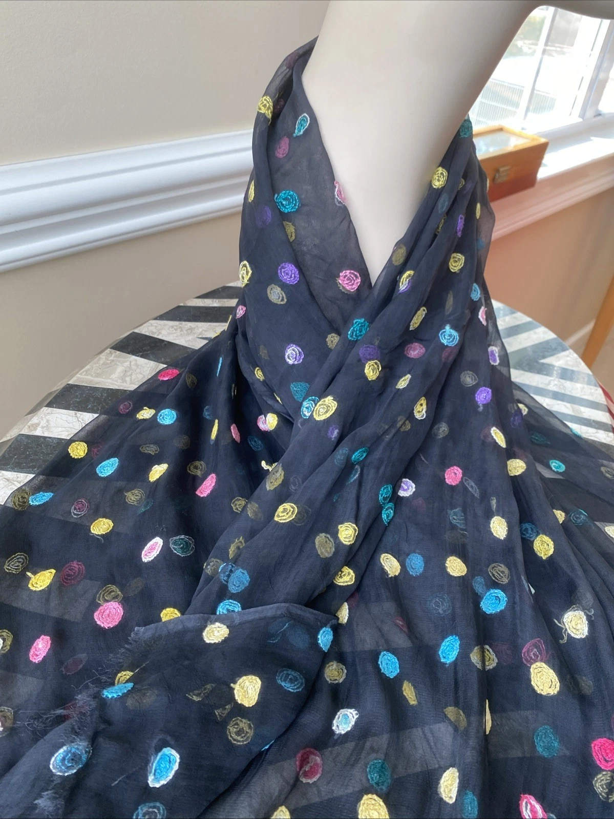 Vintage Sheer Silk Scarf Black Polka Dot Embroidery Artsy Whimsigoth Witchy New