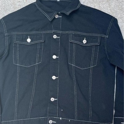 Black Super T Style Denim Trucker Jacket with White Contrast Stitching