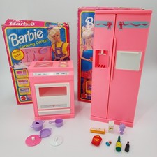 1992 Barbie Refrigerator With Food and Cooking Center With Pans In Their Boxes