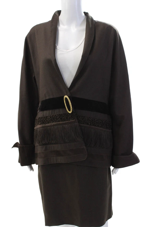 Traje Falda Lina Lee Mujer Mezcla Lana Cuello Alto Cierre a Presión Marrón Talla 48 Foto 2 de 4