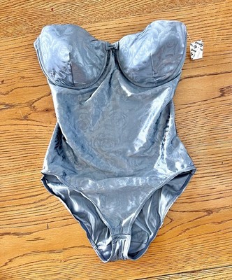 GOSSARD NWT New Bodysuit 34B Floral Satin Grey Vintage