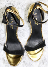 Womens Black Gold Strappy Heels Size 6 Open Toe Ankle Strap Stiletto Sandals