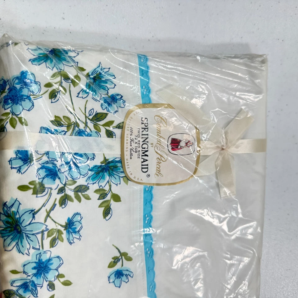 vintage springmaid flat sheet twin blue floral blend mcm retro 70s NOS usa - Image 3 of 4