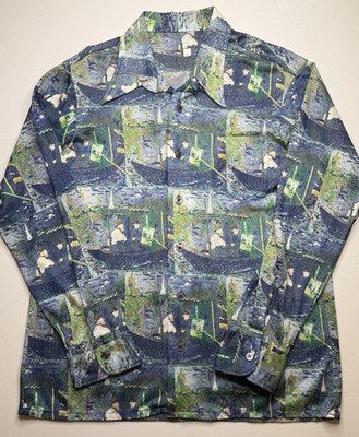 Vintage Men s 70s Polyester Disco Print Long Sleeve Shirt Claude Monet Manet