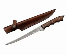 Damascus Steel Fillet Knife Handmade Flexible Blade Knife With Leather Sheath