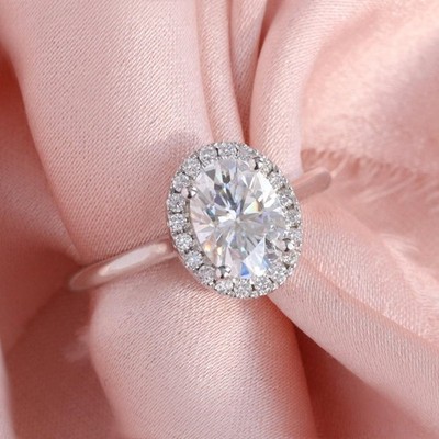 2.15 CT Oval Cut Halo Moissanite Engagement Ring 14K White Gold Plated For Women