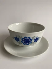 Mitterteich Bavaria MCM White Blue Flowers Gravy Sauce Bowl w/Underplate