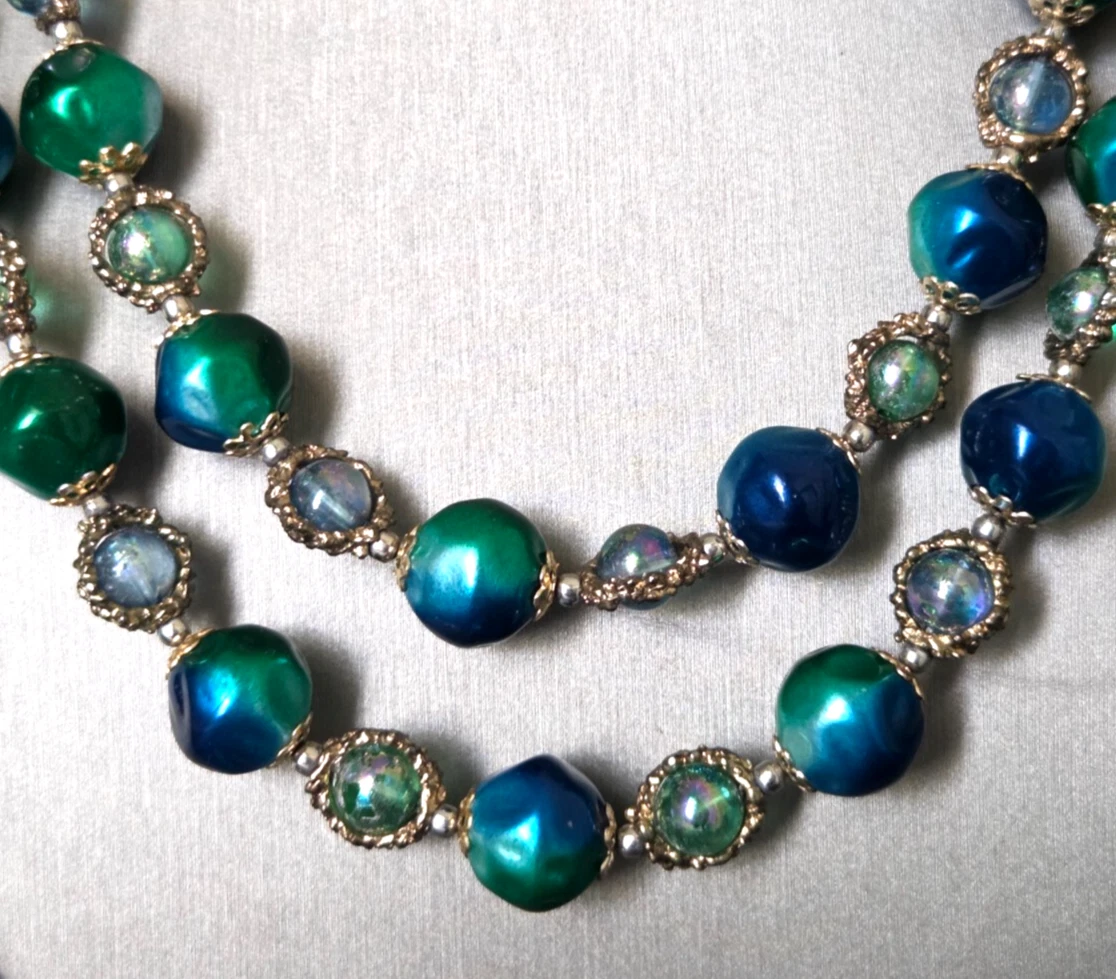 VETEMENTS Collana Vintage Pavone AB Vetro Perline Finte Perle Doppio Filo Giappone 42 in.