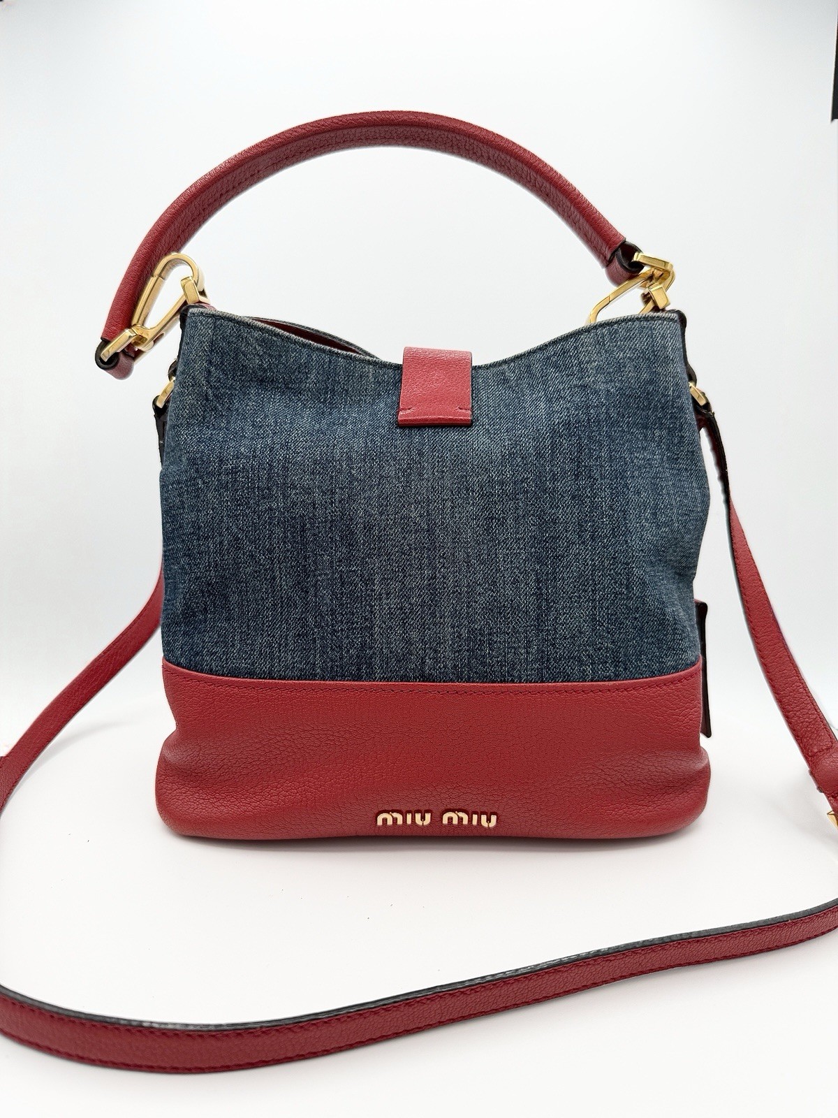 MIU MIU Madras Hobo Bucket Denim and Leather 2 Way Shoulder Crossbody Bag