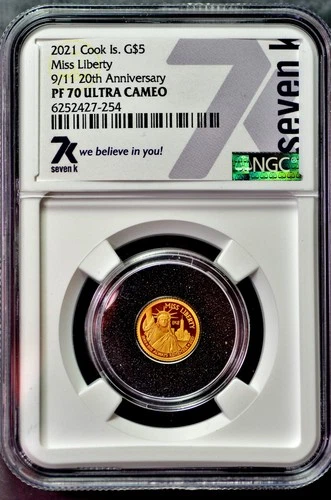 NGC PERFECT! 2011 MISS LIBERTY GOLD 0.5 GRAM. PF 70 PROOF! COOK ISLANDS MEMORIAL