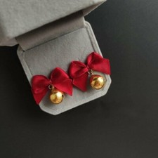 Adorable New Gold Fashion Jewelry Christmas Red Bow w/ Bell Stud Dangle Earrings