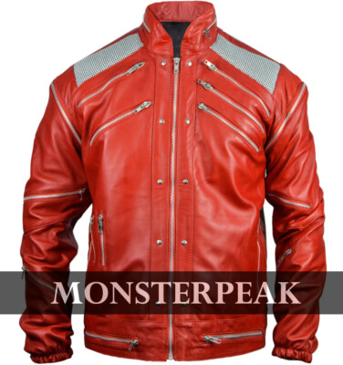 MJ Beat It Michael Jackson Red Leather Jacket with Real Metal Mesh, XXS - 5XL