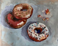 Donuts. Still life. ORIGINAL IMPASTO, PALETTE KNIFE OIL PAINTING.