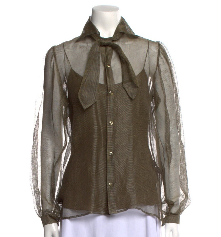 Blusa sin mangas Ralph Lauren etiqueta púrpura con botones 2 lino seda cuello atado nueva con etiquetas Foto 3 de 4