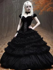 Black Gothic Wedding Dresses Tiered Floor Length Off Shoulder Medieval Halloween