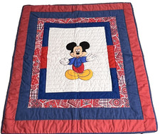 Vintage Disney Baby Quilt Mickey Mouse Handmade Blanket Red White Blue