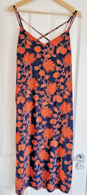 Warehouse Slip Midi Dress Size UK 6 XS Navy Floral Side Slit Summer 100% Viscose
