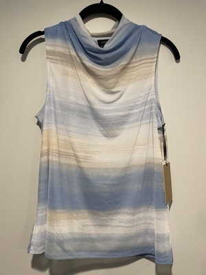 Halogen Knit Top Size Medium Draped Cowl Neck Sleeveless Blouse Tan Blue Ombré