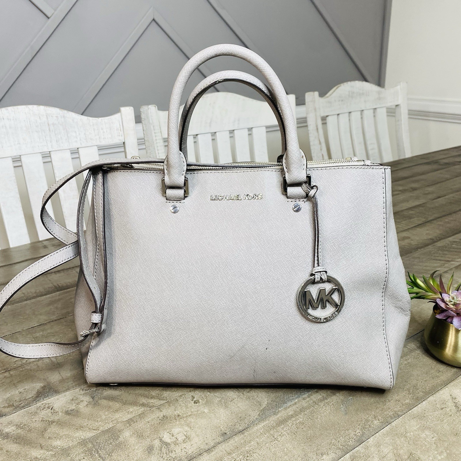 Michael Kors Sutton Medium Saffiano Leather Satchel Bag Gray Silver Hardware