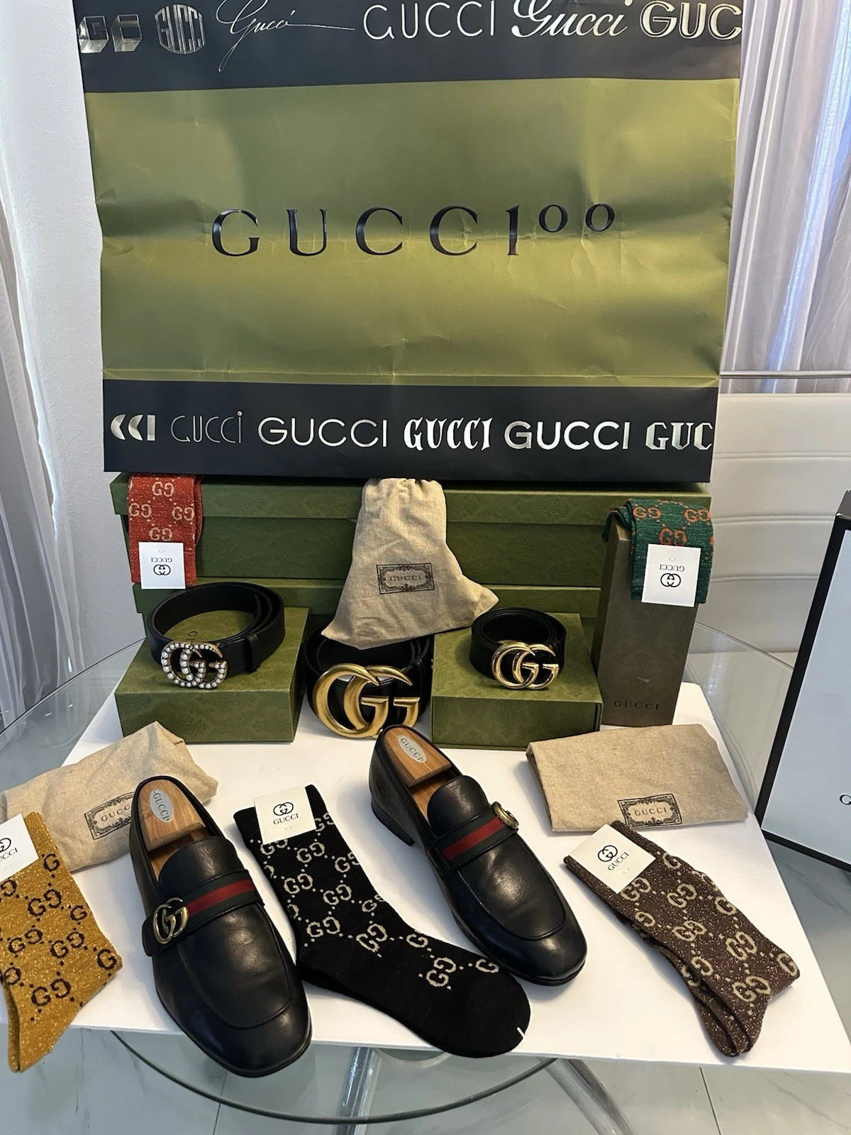 Authentique mocassin Gucci Donnie Marking double G Web cuir noir taille UK8 US9