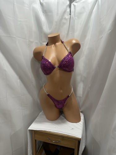 competition Wellness Bikini suit  Fuchsia Hologram 34B  Top New Handmade Small