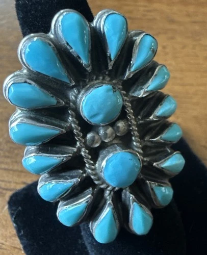 Large Vintage Native Southwestern Silver Turquoise Petit Silver Ring Sz 5 3/4