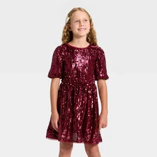 Girls' Short Sleeve Sequin Dress - Cat & Jack Dark Red S
