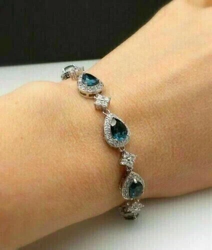 Pulseira de tênis 15 quilates corte pera azul criada alexandrita folheada a ouro branco 14k 7" - Imagem 2 de 4