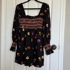 Urban Outfitters Womens Black Floral Smocked Long Sleeve Mini Dress Boho