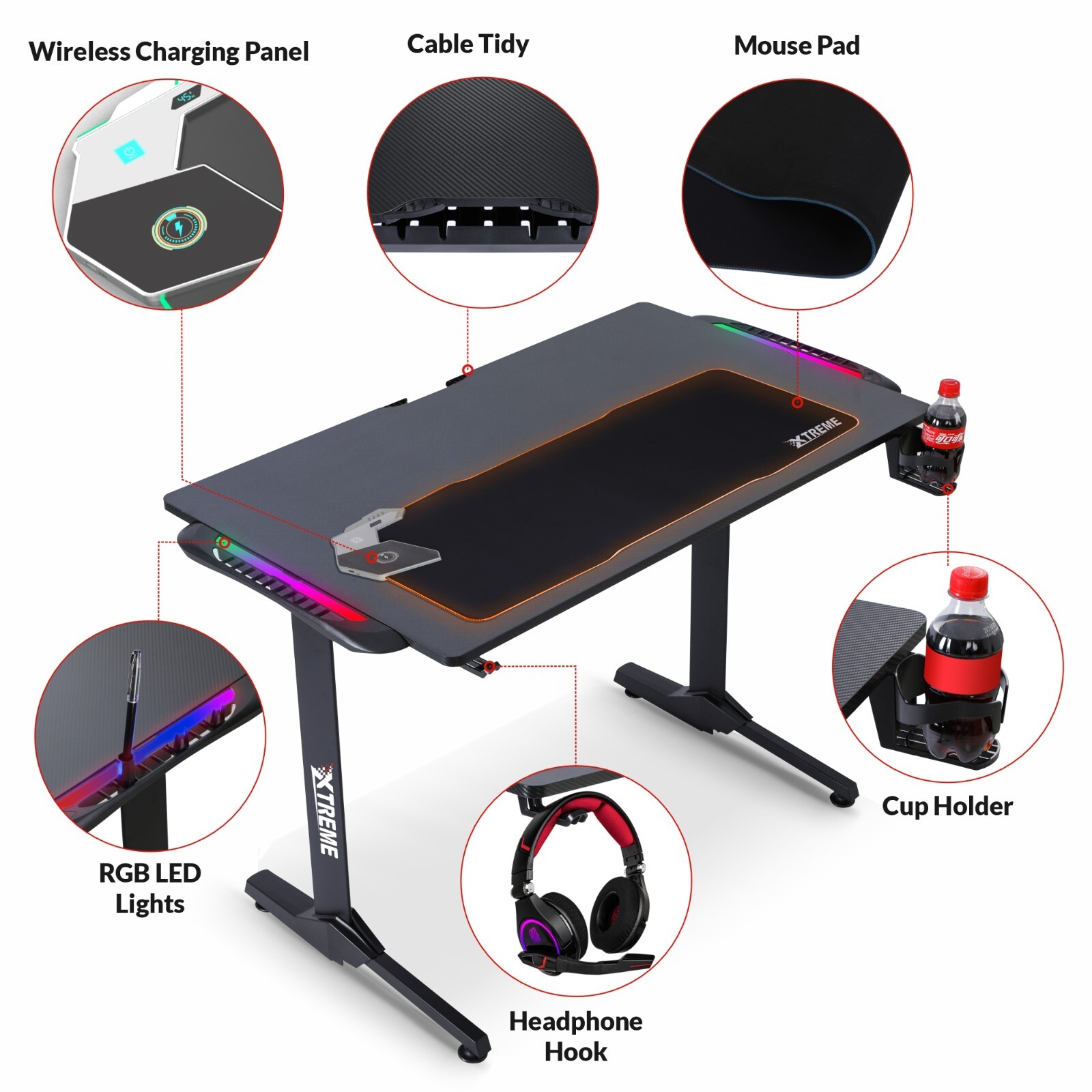 XTREME Gaming Desk With Carbon Fibre Effect, RGB Light, Wireless