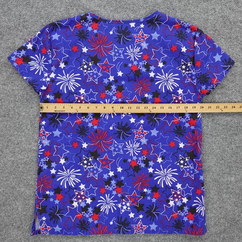 B Scrubs Top Womens M Blue Firework July 4th Festive Patriotic Pockets Nurse Vet - Picture 10 of 15