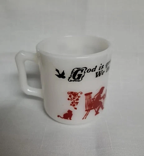 Vintage Hazel Atlas God Is Great Child's Prayer Mug Cup Red/Milk Glass Dog Cat