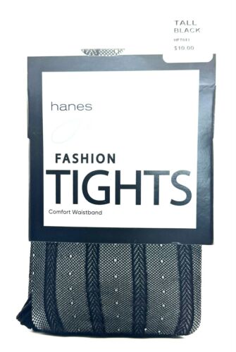 Hanes RIBBED DOT Sheer Mesh Womens BLACK Fashion Tights, Size TALL - (HFT043) - Picture 1 of 6