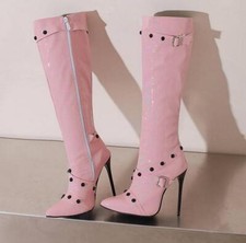 Women's Pointed Toe Zip Knee High Boots Stilettos Heels Dance Shoes Studded Club