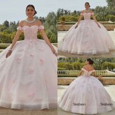 Quinceanera Dresses Off Shoulder Lace 3D Flowers Pink Prom Ball Gowns Sweet 16