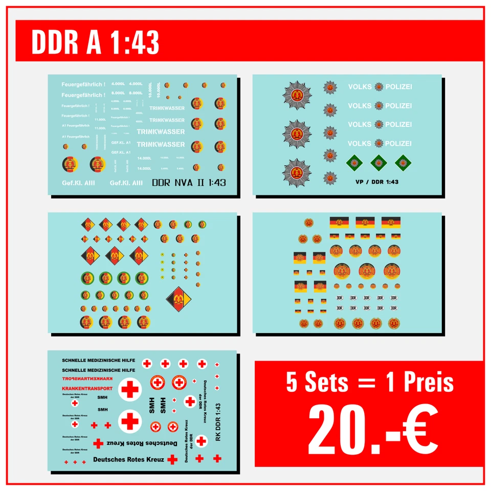 5 Sets - Waterslide Decal 1:43 - DDR NVA Grenze Volkspolizei VP DRK Tankwagen