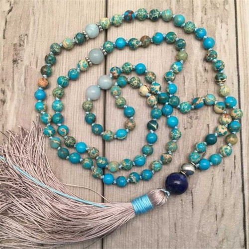 8mm blue Imperial jasper Mala Necklace 108 Bead Gemstone Prayer Men Gemstone - Picture 3 of 7