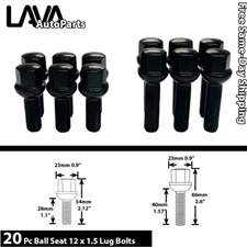 20PC BLACK 12X1.5 BALL SEAT LUG BOLT 28MM/40MM SHANK FIT MERCEDES STOCK WHEEL