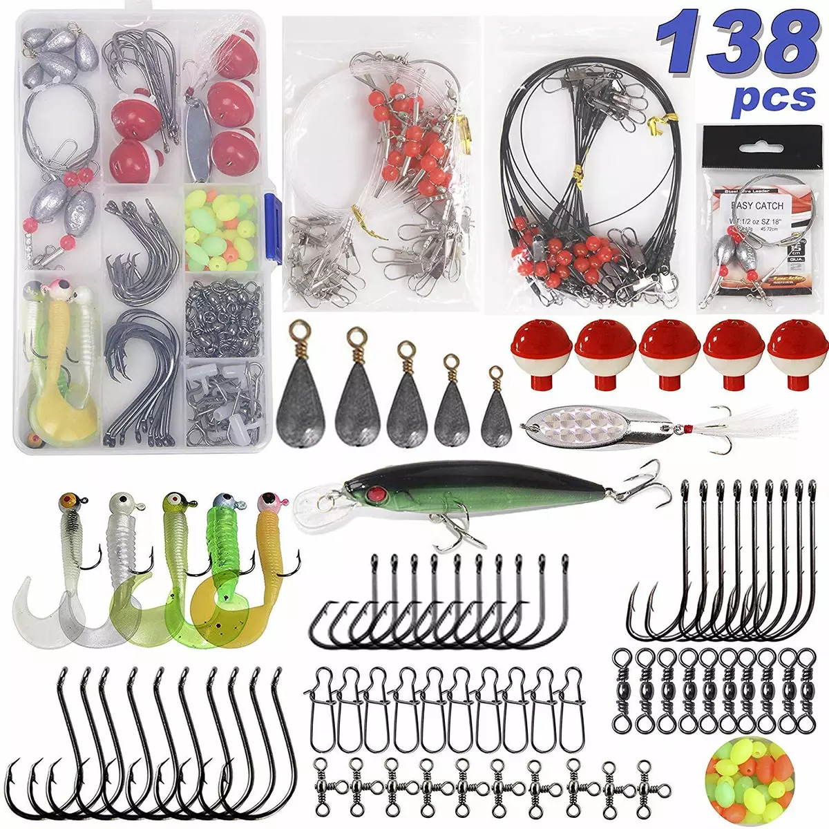 138pcs Saltwater Surf Fishing Tackle Box Kit Wire Rigs Lures Sinker Swivels  Hook