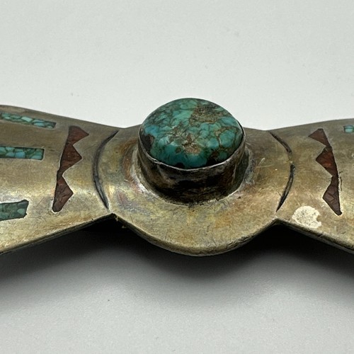 Native American Navajo Signed “CJ” Silver Turquoise Coral Bow Tie Belt Loop #1 - Picture 4 of 9