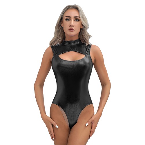 Women Wet Look Cap Sleeve Leotard Bodysuit Faux Leather Cosplay Party Costume - Picture 63 of 83