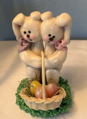Vintage Handmade Easter Rabbits W/Basket Of Eggs Made Out Of Dough Spring Colors