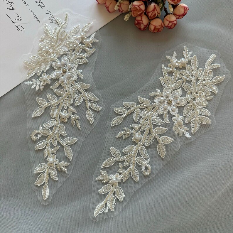Corded Pearl Beaded Applique Pair Floral Embroidery Lace Applique for Gown
